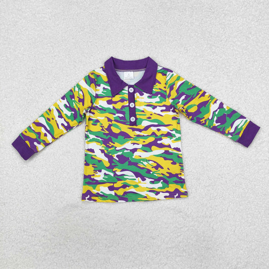BT1029  Yellow, green and purple camouflage collar button-down long-sleeved top