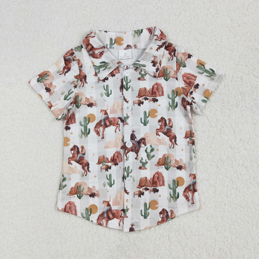 BT1155 Horseback Cactus Green Plaid Button Short Sleeve Top
