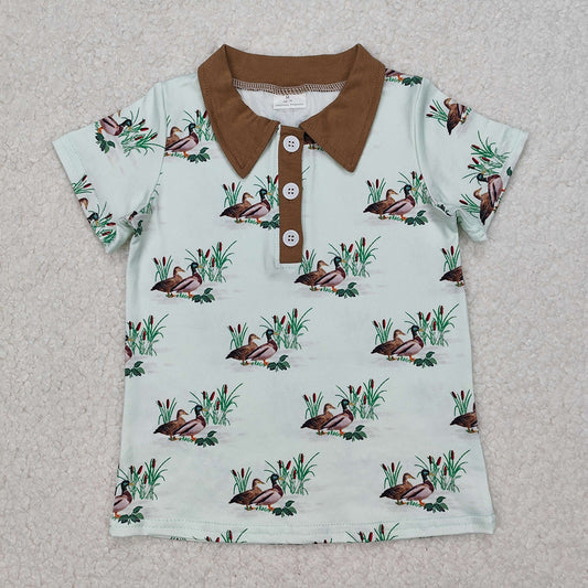 BT1174  Baby Boys Light Brown Collar Buttons Mallard Ducks Pullover Tops  D 3.14