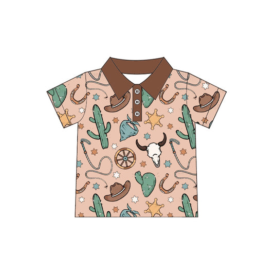 presale BT1224 Baby Boys Brown Short Sleeves Button Bull Skull Cactus Polo Shirts Top  D 4.3