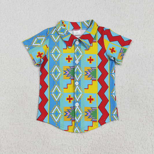 BT1225 Baby Boys Short Sleeves Colorful Aztec Print Button Shirts Top  D 4.3