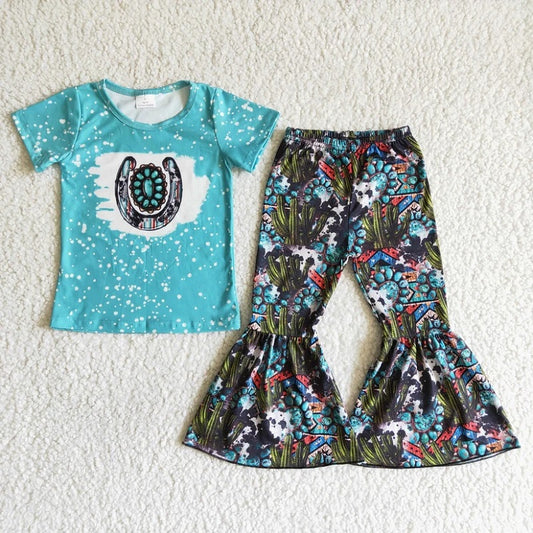 C1-25 Blue Short Sleeve Cactus Flared Pants Set