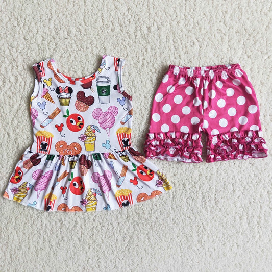 C7-11 Cartoon sleeveless top polka dot lace shorts set
