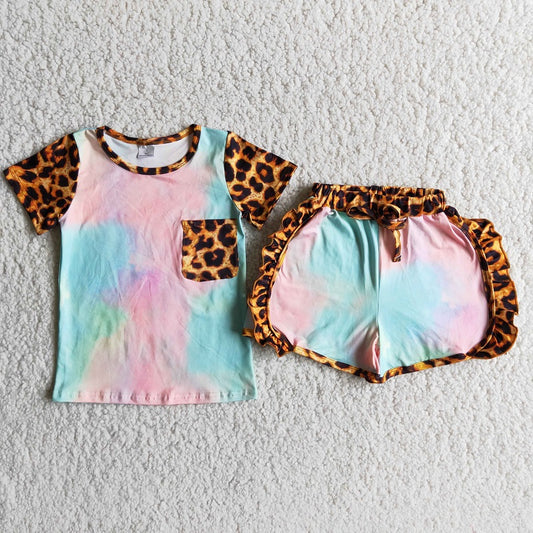 D9-27 Leopard print pocket blue and pink tie-dye suit