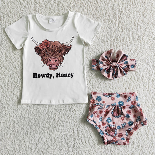 GBO0010 Girls floral bull head white short-sleeved briefs suit with bow
