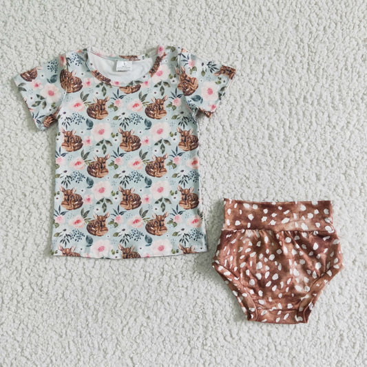 GBO0022 Girls' short-sleeved brown and white dotted briefs suit with fawn flower