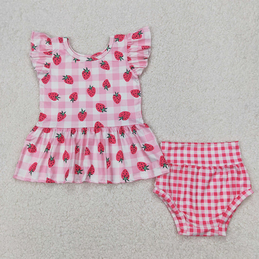 GBO0264  Baby Girls Strawberry Top Pink Checkered Bummies Clothes Sets  D 3.27
