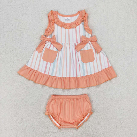 GBO0293 Striped Pink Orange Lace Pocket Bow Sleeveless Briefs Set