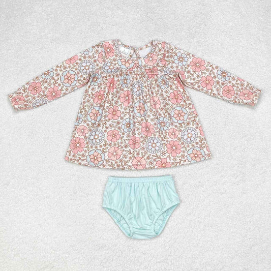 GBO0397  Beige long-sleeved blue-green briefs suit with flowery baby collar