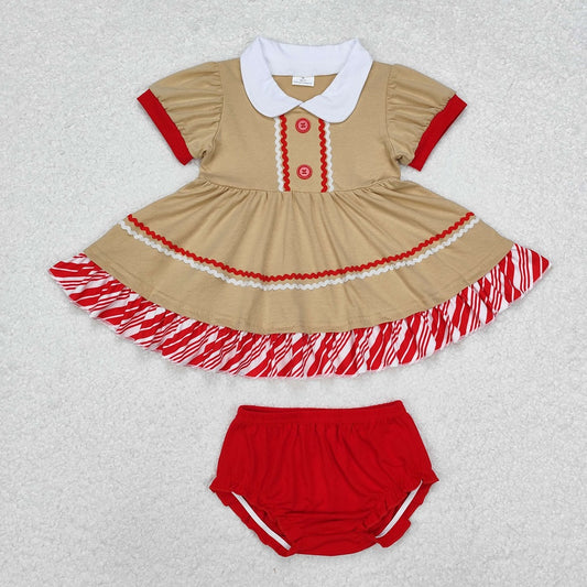 GBO0421 Christmas Doll Collar Striped Lace Brown Short Sleeve Red Briefs Bummies Set