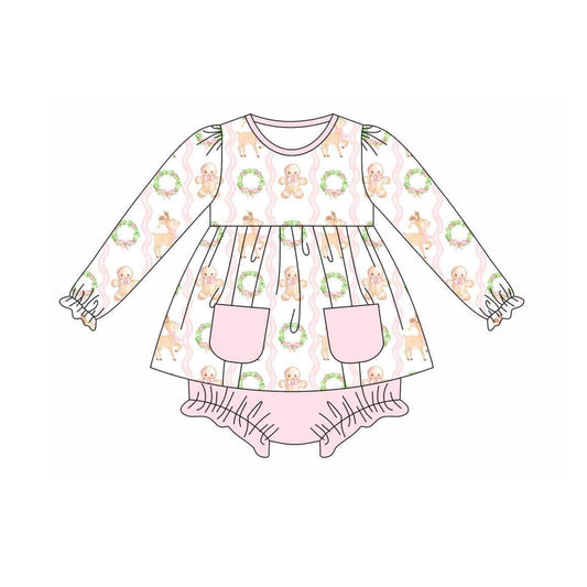 presale GBO0432  Gingerbread Man Deer Wreath Pink Pocket Long Sleeve Bummies Briefs Set  2024 7.20