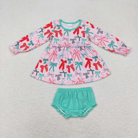 GBO0437 Pink long-sleeved green briefs set with bow pattern