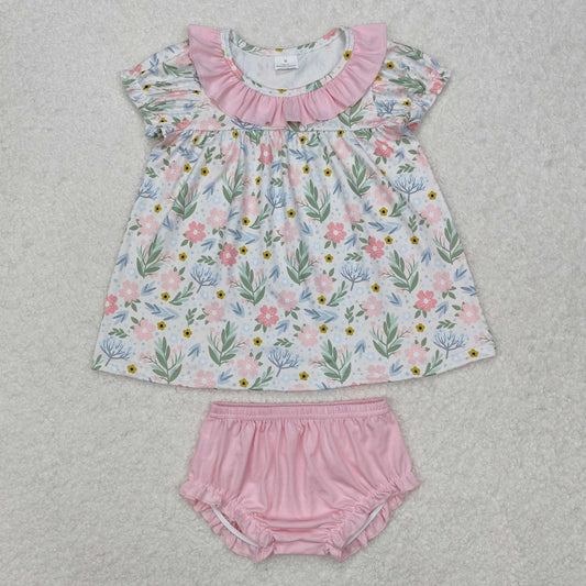 GBO0449 Flower and Leaf Pink Lace Short Sleeve Briefs Set