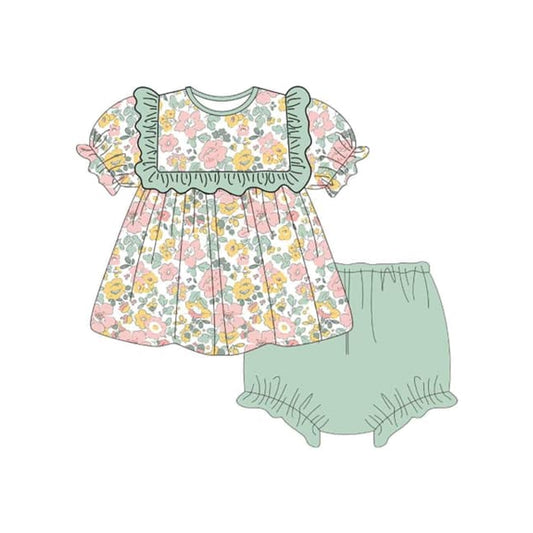 presale GBO0455  Flower and leaf green lace short-sleeved bummies set 2024 11.14