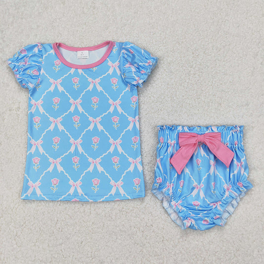 GBO0461 Baby Girls Blue Pink Flowers Bows Top Bummies Clothes Sets  D 3.24