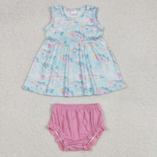 GBO0464 Baby Girls Blue Shark Tunic Top Bummies Clothes Sets