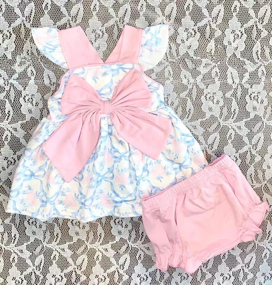 presale GBO0473  Baby Girls Flutter Sleeves Floral Bows Tunic Pink Bummies Clothes Set D 3.11
