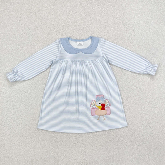 GLD0603 Turkey Stripe Blue Doll Collar Long Sleeve Dress