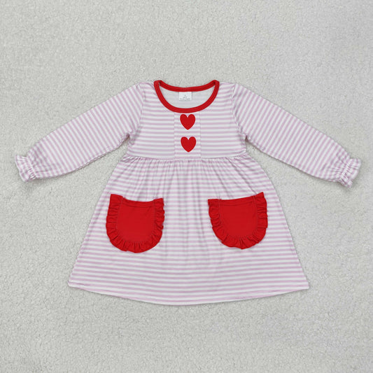 GLD0853  Red heart lace pocket pink striped long sleeve dress