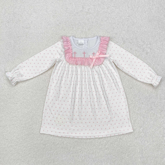 GLD0981 Embroidery Cross Dot Pink Lace Long Sleeve Dress