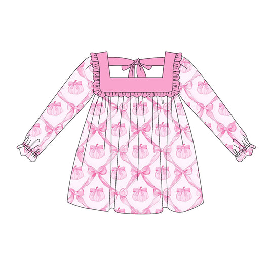 presale GLD1052 Long sleeves pink ruffle pumpkin bow girls fall dresses  D 5.15