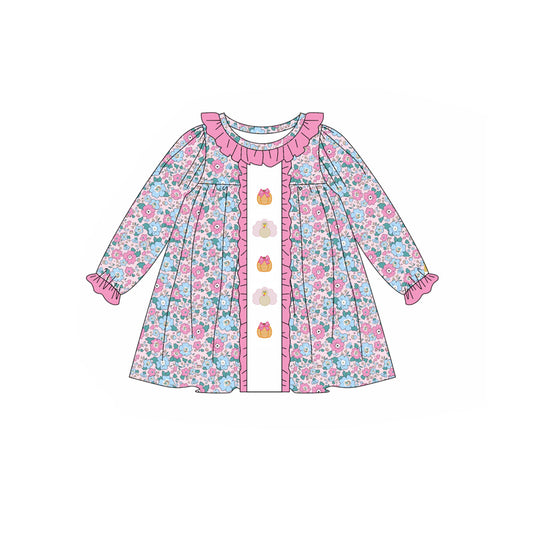 presale GLD1053  Pink floral long sleeves pumpkin turkey girls Thanksgiving dress D 5.15