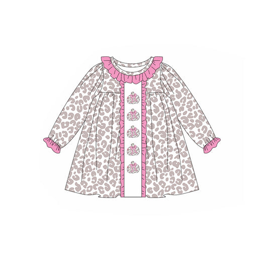 presale GLD1054  Pink leopard long sleeves pumpkin girls fall dresses D 5.15