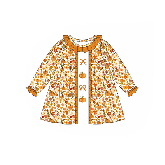 presale GLD1058  Long sleeves yellow pumpkin bow baby girls fall dress D 5.16
