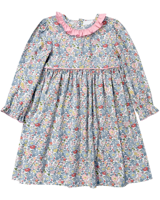 presale GLD1120  Baby Girls Long Ruffle Sleeves Blue Floral Knee Length Dress D 6.10