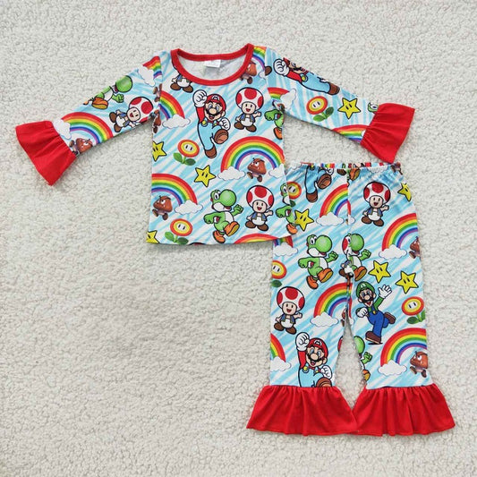 GLP0668 Cartoon mushroom rainbow lace red and blue long-sleeved trouser suit