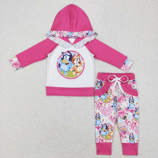 GLP0985 Cartoon dog rose red and white lace hooded long-sleeved trousers suit