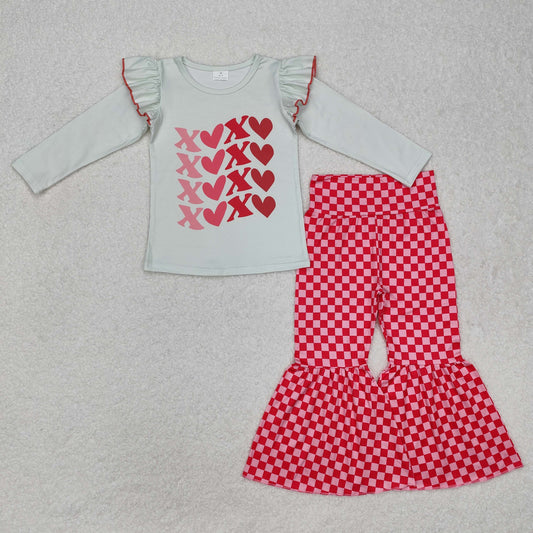 GLP1164 Baby Girls Valentines  Long Sleeve Shirts Pink Checkered Bell Pants Clothes Sets
