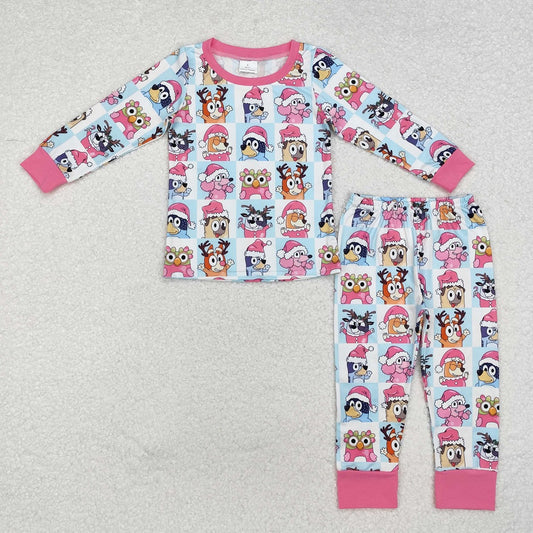 GLP1805 Christmas pink-trimmed blue and white plaid long-sleeved trousers pajamas set