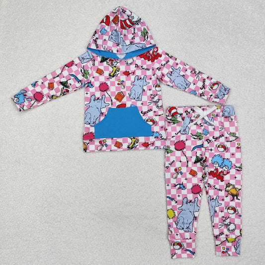 GLP1932 Blue Pocket Pink and White Plaid Hooded Long Sleeve Pants Set