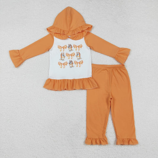 GLP1948  Bow Pattern Orange Lace Hooded Long Sleeve Pants Set
