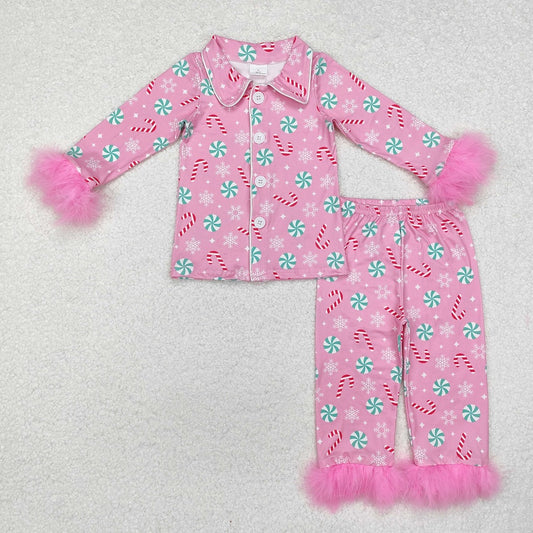 GLP2025  Baby Girls Christmas Balls Fur Tops Pants Pajamas Clothes Sets