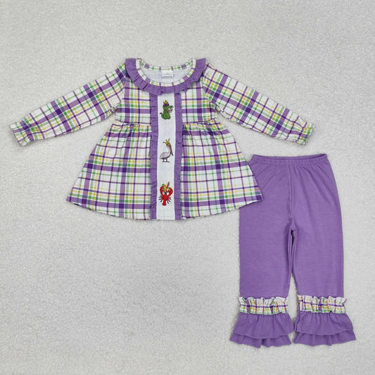 GLP2114  Mardi Gras Alligator Bird Lobster Purple Lace Plaid Long Sleeve Pants Set