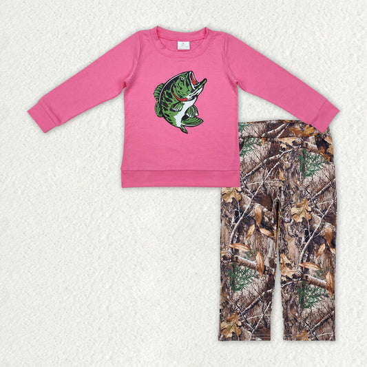 GLP2213  Baby Girls Hotpink Fishing Shirts Tops Camo Pants Clothes Sets