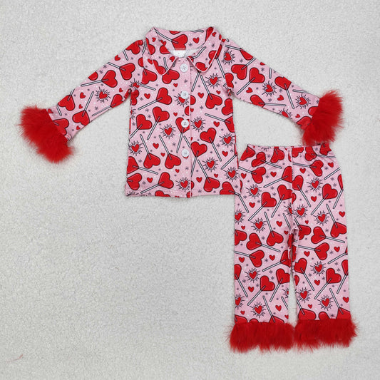 GLP2266  Valentine's Day Love Lollipop Red Plush Edge Long Sleeve Long Pants Pajama Set