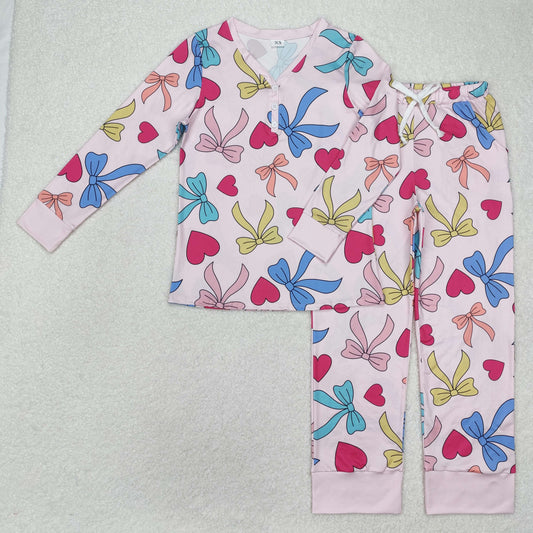 GLP2275 Adult Women Valentine's Day Love Colorful Bow Pattern Pink Long Sleeve Long Pants Pajama Set