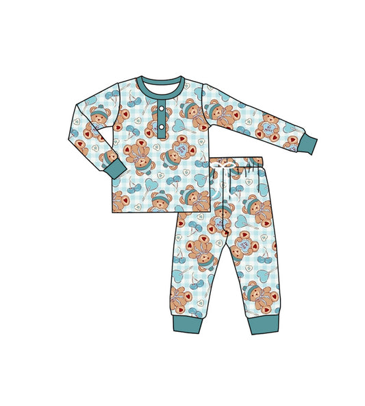 presale GLP2285  Valentine's Day Cherry Heart Lollipop Blue Plaid Long Sleeve Long Pants Pajama Set 2024 11.28