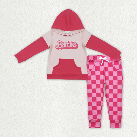 GLP2319 Baby Girls Pink  Hooded Top Checkered Pants Clothes Sets