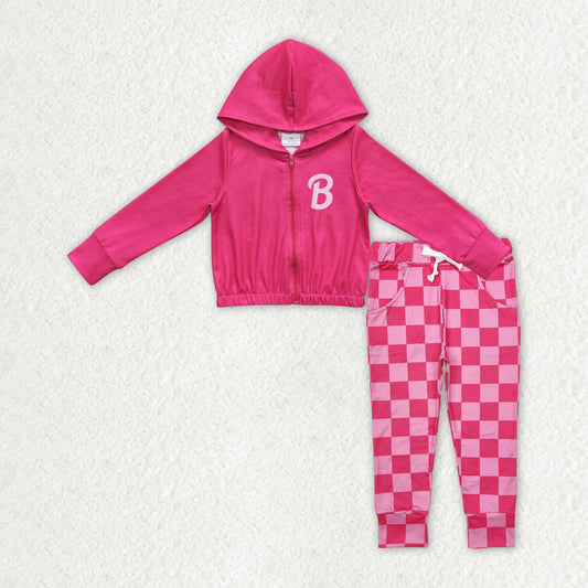 GLP2320 Baby Girls Pink  Hooded Zip Jacket Top Checkered Pants Clothes Sets