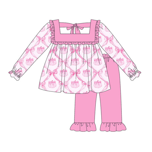 presale GLP2351 Long sleeves pink ruffle pumpkin bow girls fall clothing set D 5.15