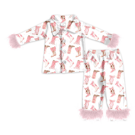 presale GLP2359 Pink fur long sleeves boots bow girls button down pajamas D 5.16