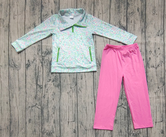 presale GLP2414 Baby Girls Long Sleeves Green Floral Pockets Zipper Top Pink Pant Set    D 6.9