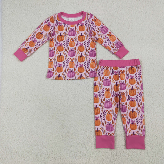 GLP2415 Baby Girls Long Sleeves Hot Pink Floral Pumpkins Top Pant Pajamas Set  D 6.3