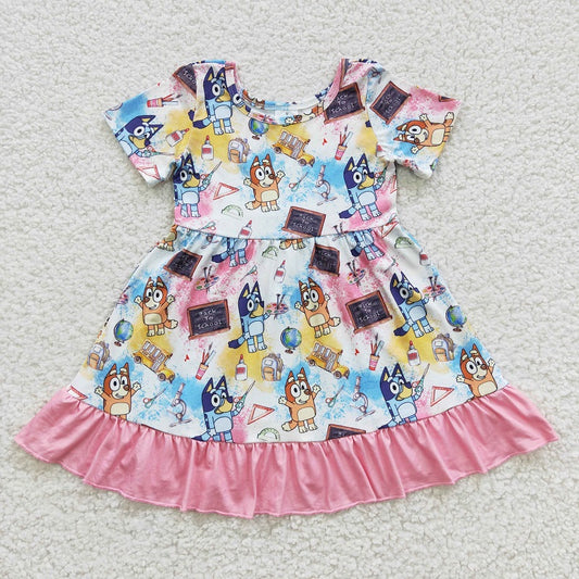 GSD0411 Chalkboard Cartoon Dog Pink Lace Short Sleeve Dress