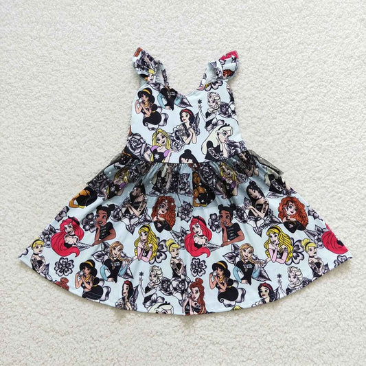 GSD0460 Cartoon  flowers and stars tulle light blue flying sleeve dress