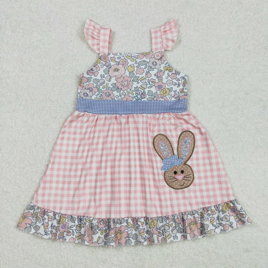 GSD0593  Flower Lace Bow Rabbit Pink and White Plaid Fly Sleeve Dress